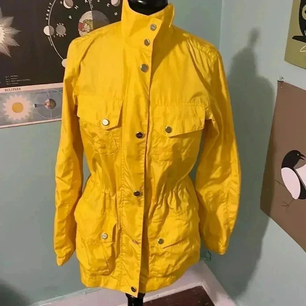 Lauren, bright, yellow, cinched waist, water, resistant outdoor jacket m